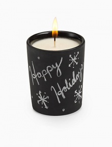 Ignite your creativity with this pure soy re-writable chalkboard candle in Belgian berry. Infuses the room with a sweet lingering blend of European red currant berries. Write a special message, then erase it and draw a masterpiece with the provided chalk that can be used again and again. Burn time 35-40 hours. 7 oz. 3 X 4. 