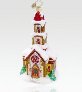 In stunning mouthblown European glass, this snow-capped cathedral ornament packs elegant pastoral charm.Mouthblown, handpainted glass 5½ high Made in Poland