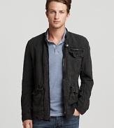 Crafted in lightweight linen for a relaxed, comfortable feel, this super-cool jacket has a wear-me-anytime vibe and rugged appeal with a little edginess to boot.