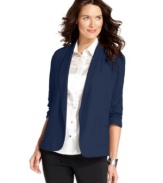 NY Collection's blazer combines sleek and casual-cool details, mixing ruched sleeves and open-front style.