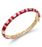 Pretty petals. This petite children's bracelet features red, pink, white, purple and blue enamel flowers on an 18k gold over sterling silver bangle. Bracelet secures with a hinge clasp. Approximate diameter: 2 inches.