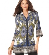 Contrasting paisley and geometric prints make this petite Alfani chiffon tunic a bold pick for a chic statement!