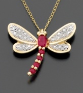 A chic butterfly pendant makes your style soar. Oval-cut and round-cut rubies (3/8 ct. t.w.) are set in 14k gold. Features sparkling diamond accents.