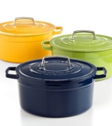 Your go-to for getting it done right in the kitchen, this versatile round dish is perfect for baking casseroles, browning meats and much, much more. The heavy-duty construction distributes heat evenly, locking moisture in to slow-cooked stews and braised roasts. From prep to presentation, this attractive enameled cast iron pot goes with ease, featuring generously sized handles for a secure, confident grip. Lifetime warranty.