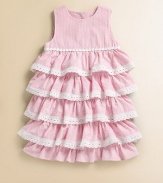 The sweetest confection, in cool, crisp, candy-striped seersucker with soft tiers and eyelet edging.Sleeveless Round neckline Empire waist with lace detail Tiered body with eyelet trim Back buttons Fully lined Cotton; machine wash Imported Please note: Number of buttons may vary depending on size ordered. 