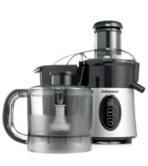 Start adding fresh fruit and vegetables to your diet and gain energy the natural way. it's easy with this combo food processor and juicer. It comes complete with a wide mouth, 3 feed chute that means less cutting and faster juicing. Attachments for processing, chopping and grinding make this a versatile, all-in-one kitchen tool. Two-year warranty. Model JM1000M.