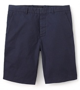 A modern micro-checked print in shades of dark blue give shorts from Theory a preppy-with-an-edge feel.