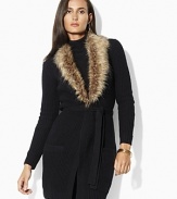 The cotton-blend Radelle waffle cardigan embodies chic, modern sophistication in an elegant longer length with a flattering belted waist and luxe detachable faux-fur collar.