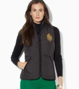 Lauren Ralph Lauren's lightweight vest in diamond-quilted microfiber is an essential layering piece for the season, finished with an embroidered crest for heritage charm.