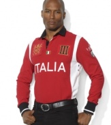 Show your support of Italy in a soft cotton rugby shirt featuring multiple Italia-themed logos and patches.