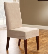 Renew your dining room chair with luxury and style. Featuring the soft look and feel of suede combined with the durability and ease of care you can expect from Sure Fit, with a short skirt that allows the beauty of the chair legs to show.