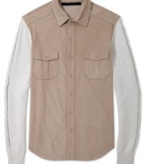 This Sean John shirt blends the warmth of a sweater with the dressier style of a button down.