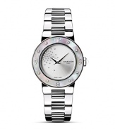 A scattering of diamonds glitters on the rhodium dial of this elegant round watch. Stainless steel bracelet.