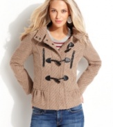 Allover texture, toggle closures and a ruffled hem adds stylish flair to this Kensie coat -- a hot fall topper!