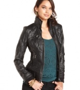 In a crinkled faux-leather, this GUESS jacket is a sleek fall layering piece -- perfect for adding edge to your look!