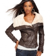 With a faux-shearling collar, this faux-leather GUESS bomber jacket is a cute coverup for your casual fall looks!