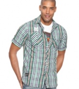 Get your style in check with this printed short sleeve button down from Rocawear.