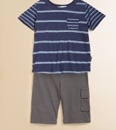 Dapper stripes with convenient patch pocket atop solid cargo-style pants, both in soft knit for stylish comfort and ease. Tee:CrewneckShort sleevesPullover styleFront patch pocket Pants:Elasticized waistOne side cargo pocket35% supima cotton/30% rayon/25% cottonMachine washImported