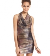 That's the wow factor: Teeze Me mixes metallic fabric with a super-sophisticated cowl-neck halter for a knockout party dress.