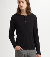 An instant favorite in supremely soft cotton blend, touched with modal's silkiness and wool's substance. Henley button placket 50% cotton/30% modal/20% wool Dry clean Imported 