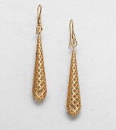 From the Diamantissima Collection. A long 18k gold drop design with diamond-shaped cut outs. 18K goldLength, about 2.3Hook backMade in Italy