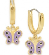 Just wing it! Lily Nily's children's drop hoop earrings feature a purple and black polka-dot enamel butterfly. Set in 18k gold over sterling silver. Item comes packaged in a signature Lily Nily Gift Box. Approximate drop: 3/4 inch. Approximate width: 3/8 inch.