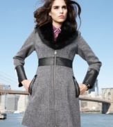 A mix of ladylike tweed and sleek faux leather, GUESS' coat makes a stylish top layer. Wear it with or without the luxurious faux fur collar.