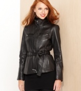 A jacket for the true adventuress, Kenneth Cole Reaction's belted topper features chic seamed details and ultra-supple leather.