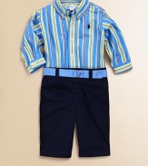 An adorably preppy set includes a multi-striped poplin roll-tab shirt