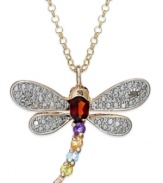 Set your heart aflutter with Victoria Townsend's vibrant dragonfly pendant. Crafted in 18k gold over sterling silver, its wings are rhodium plated, while garnet (5/8 ct. t.w.) and accents in blue topaz, citrine, amethyst and peridot adorn the body. Approximate length: 18 inches. Approximate drop: 1 inch.