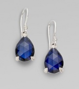 From the La Petite Collection. A brilliantly faceted blue corundum teardrop in a three-prong sterling silver setting.Blue corundumSterling silverLength, about 1French earwiresImported