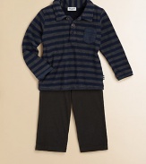 This handsome, matching set features a grown-up polo shirt with dapper stripes, patch pocket and cozy pants. Shirt Shirt collarLong sleevesButton-frontPatch pocket Pants Elastic waistband75% cotton/25% polyesterMachine washImported Please note: Number of buttons may vary depending on size ordered. 