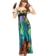 Make a statement in stilettos with this boldly colorful printed Speechless long gown - a rosette adds flirt!