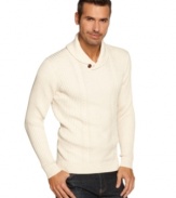 Put a twist on the classic cool-weather look with this shawl-collar sweater from Tasso Elba.