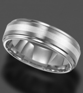 Crafted in tungsten carbide with a horizontal sterling silver inlay, this ring by Triton wears well from work to weekend. Slightly rounded on the inside for a comfortable fit, band measures 7 millimeters wide. Sizes 8-15.