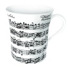 Whimsical drinkware to add fun and color to the table. Konitz mugs feature the highest quality color and glaze. Black text of a piece of music on white ground.