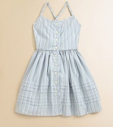 A pretty vintage-inspired striped dress features a full gathered skirt for timeless style.Straight necklineThin cross-back strapsButton-frontGathered waistlineCottonMachine washImported Please note: Number of buttons may vary depending on size ordered. 