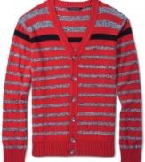 This Sean John cardigan is dressed up in colorful stripes for a classy preppy look.