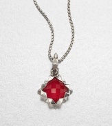 From the Superstud Collection. A pointy zigzag setting of polished sterling silver holds a colorful cushion of synthetic red coral layered with clear quartz on a graceful silver chain.Synthetic coral and clear quartzSterling silverChain length, about 18Pendant, about 1 squareLobster claspImported