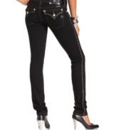 Crosshatch hardware adds a rock-chic edge to these Miss Me skinny jeans featuring a sleek black wash!