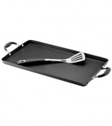 Extending over two burners, this hard-anodized aluminum griddle creates the perfect workspace for whipping up a breakfast spread or a grilled feast. The low sides make it easy to flip food with the included stainless steel turner, and the nonstick surface guarantees easy release and quick cleanup. Lifetime warranty.