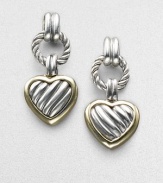 From the Heart Collection. A cabled sterling silver heart drop, edged in 18k gold, boldly hangs from a cabled silver ring. Sterling silver and 18k yellow gold Drop, about 1 Post back Made in USA