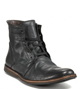 A beautifully beat up boot from John Varvatos Star USA. The Barret has partially concealed lace up closure, a pull tab at the back and a contrast stripe along the welt.