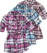 Fashionably trendy and super cute belted plaid tunic by Planet Gold.