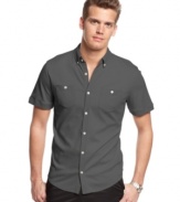 Polish your casual look with this button front shirt from Calvin Klein.