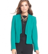 Bright teal wakes up a boardroom. Nine West's menswear-inspired blazer might borrow from the boys, but the look is all-woman.