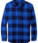 Liven up your button front collection shirts with this stylish and vivid plaid shirt by LRG.