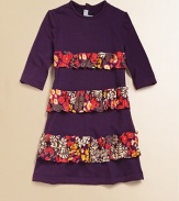 Colorful floral ruffled stripes accents this A-line frock.Crewneck Back button closureThree-quarter sleevesCottonHand washImported