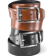 Classic dress belt with silvertone buckle. Reversible belt with brush finished buckle and keeper.