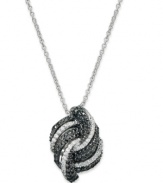 Wrapped in Love™ specializes in styles that will win your heart. This stunning pendant features overlapping swirls of round-cut black diamonds (3/8 ct. t.w.) and white diamonds (1/3 ct. t.w.). Necklace comes in a polished sterling silver setting. Approximate length: 18 inches. Approximate drop length: 3/4 inch. Approximate drop width: 1/2 inch.